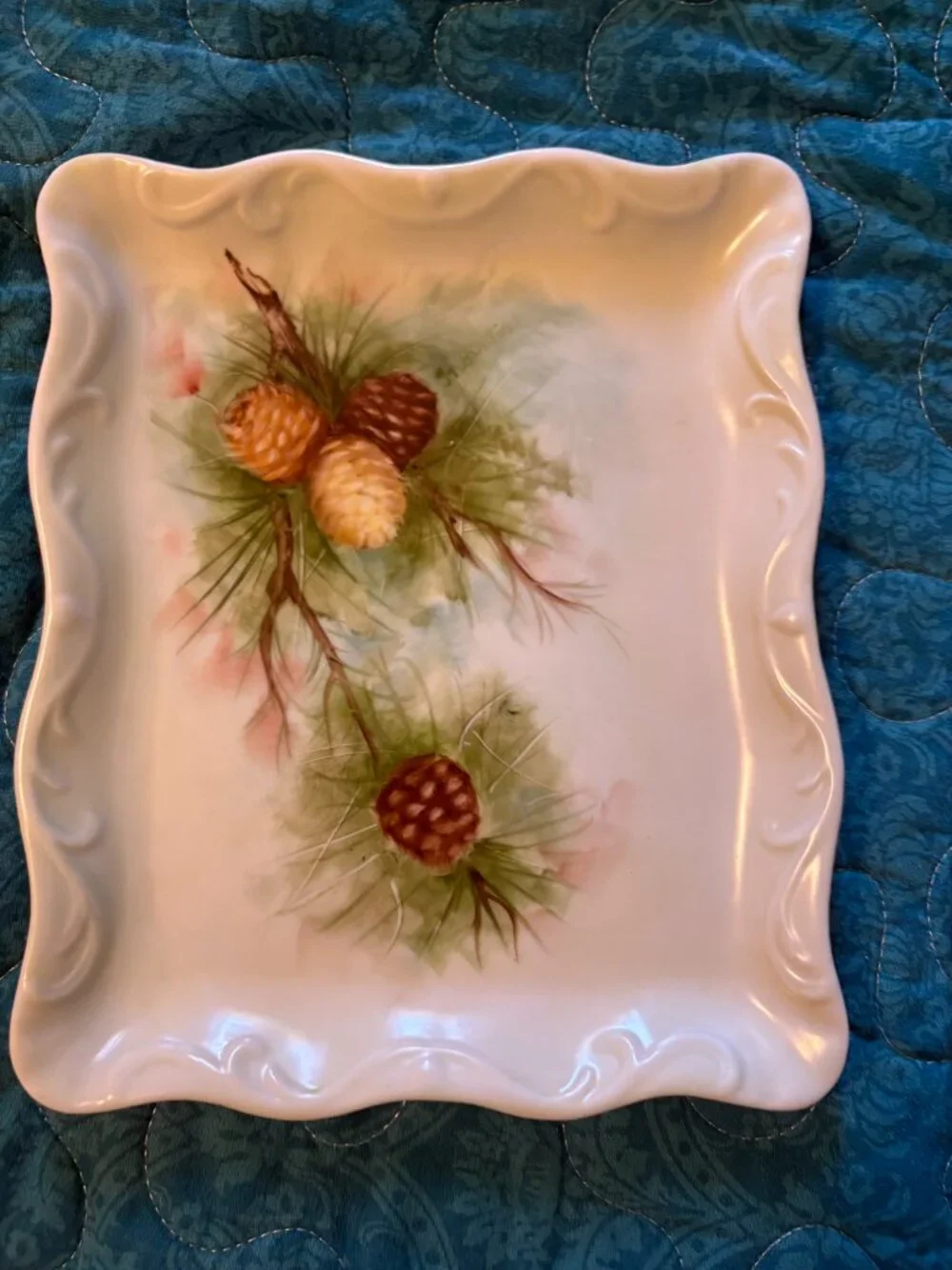 Vintage Covered Cheese Hand-Painted Pinecone Design Dish